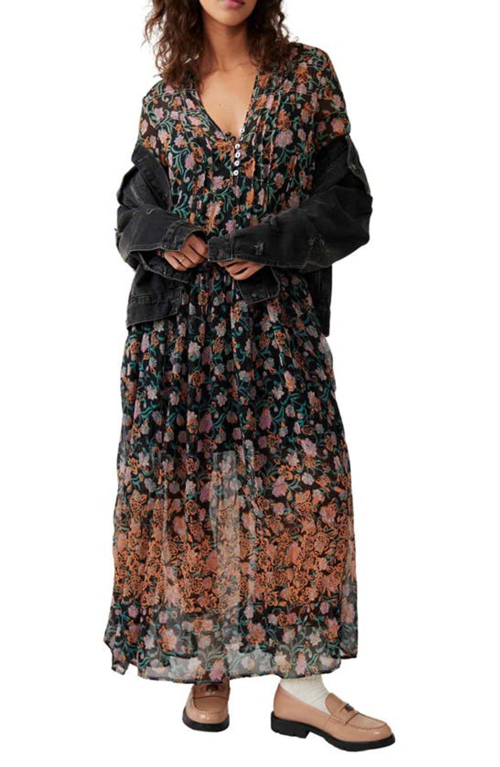 See It Through Floral Long Sleeve Maxi Dress In Black Combo Product Image