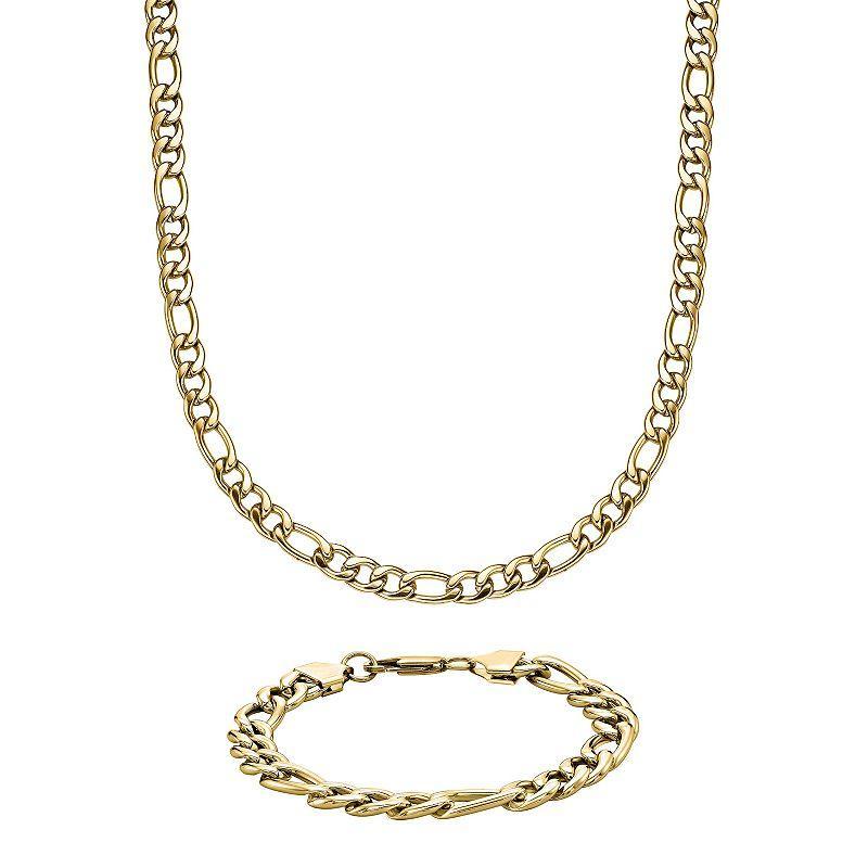 LYNX Gold Tone Ion-Plated Stainless Steel Figaro Chain Bracelet & Necklace Set, Mens Product Image