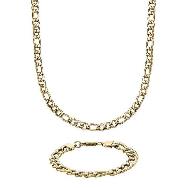 LYNX Gold Tone Ion-Plated Stainless Steel Figaro Chain Bracelet & Necklace Set, Mens Yellow Product Image