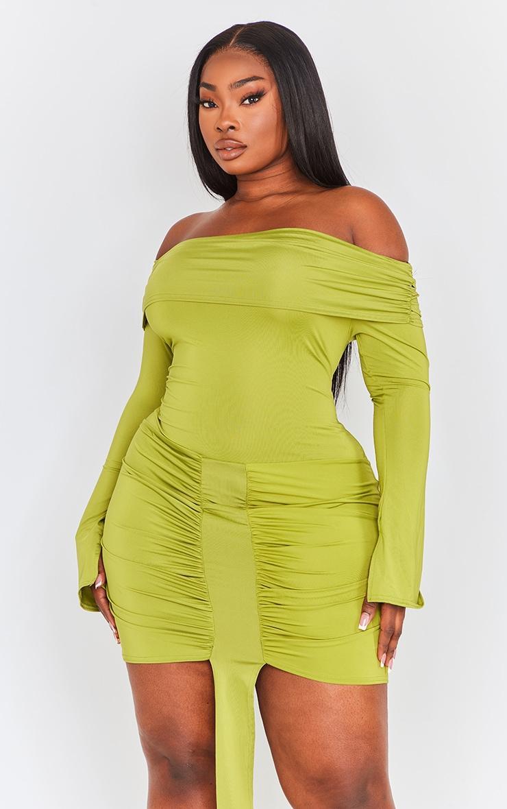 Plus Olive Slinky Drape Detail Bardot Bodycon Dress Product Image