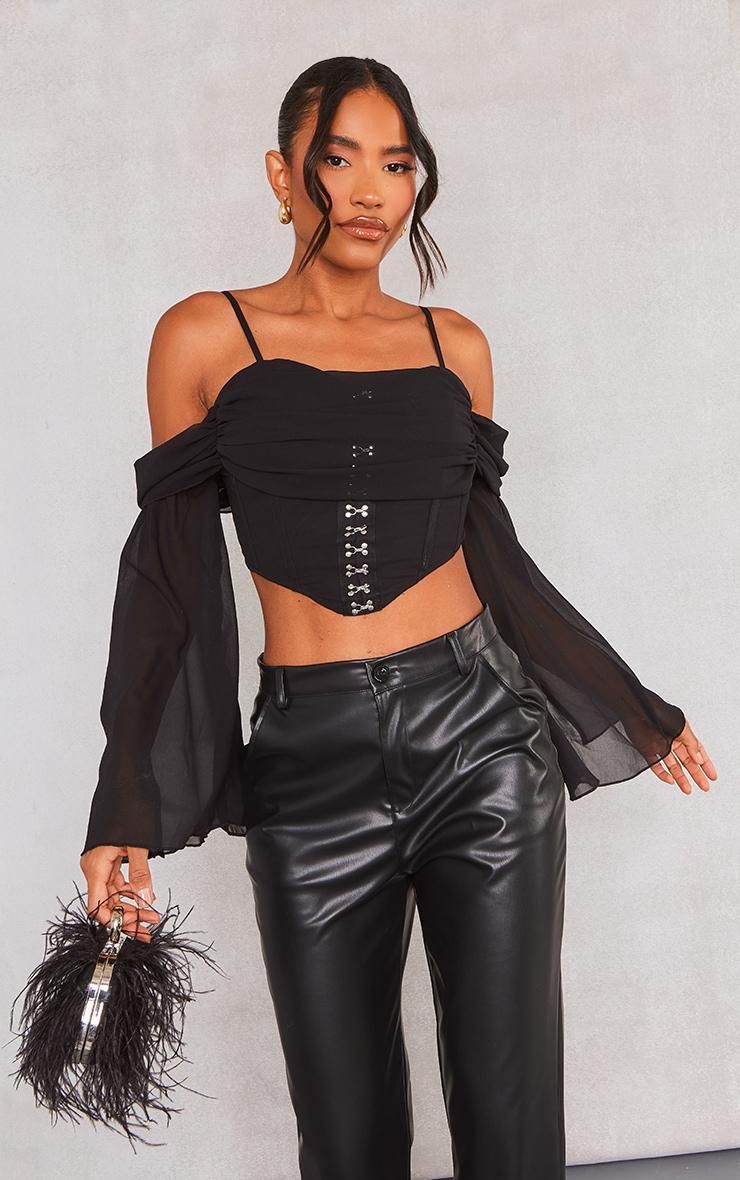 Black Chiffon Drape Hook And Eye Flare Sleeve Corset Product Image