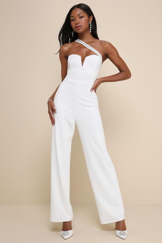 Sparkling Praise White Notched Rhinestone One-Shoulder Jumpsuit Product Image