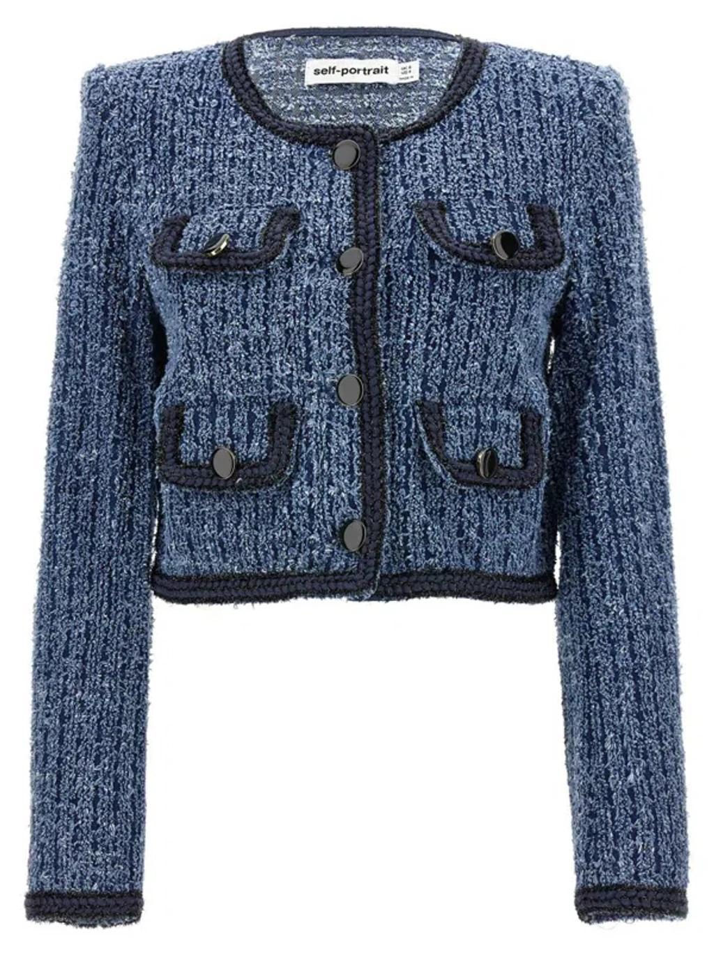 Blue Cropped Jacket With Patch Pocket In Textured Denim Woman Product Image