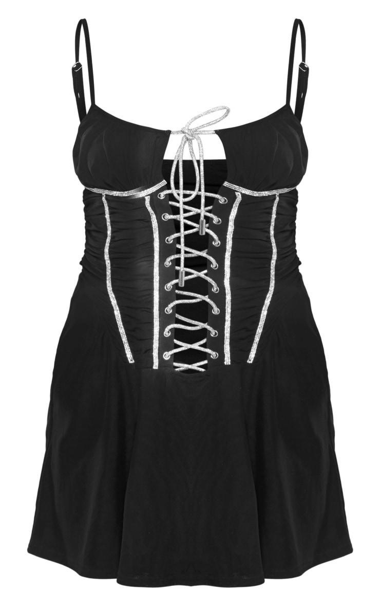 Black Diamante Rope Lace Up Mesh Ruched Bodycon Dress Product Image