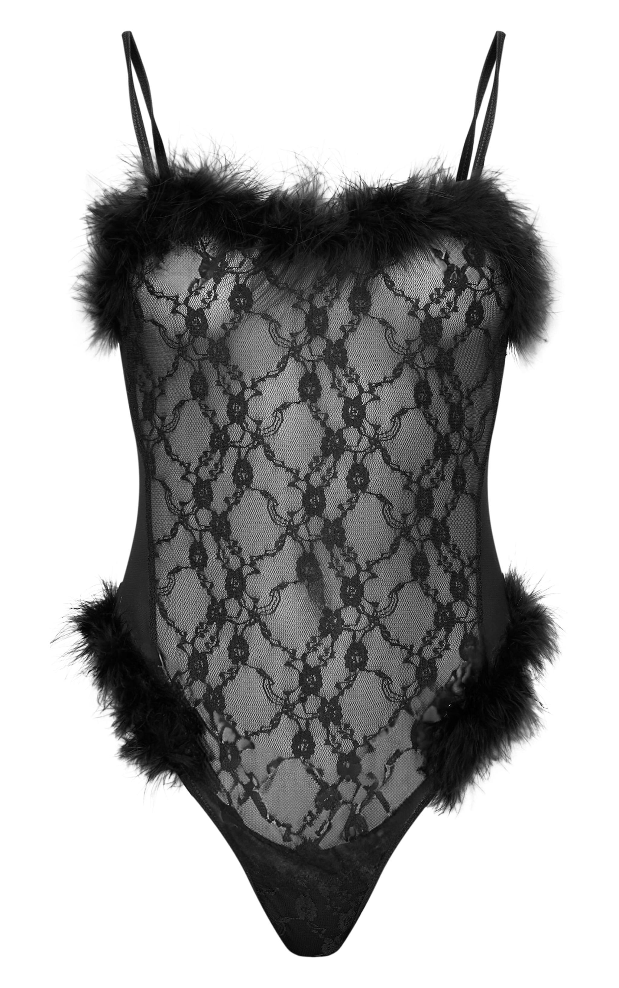 Black Lace Feather Trim Lingerie Bodysuit Product Image