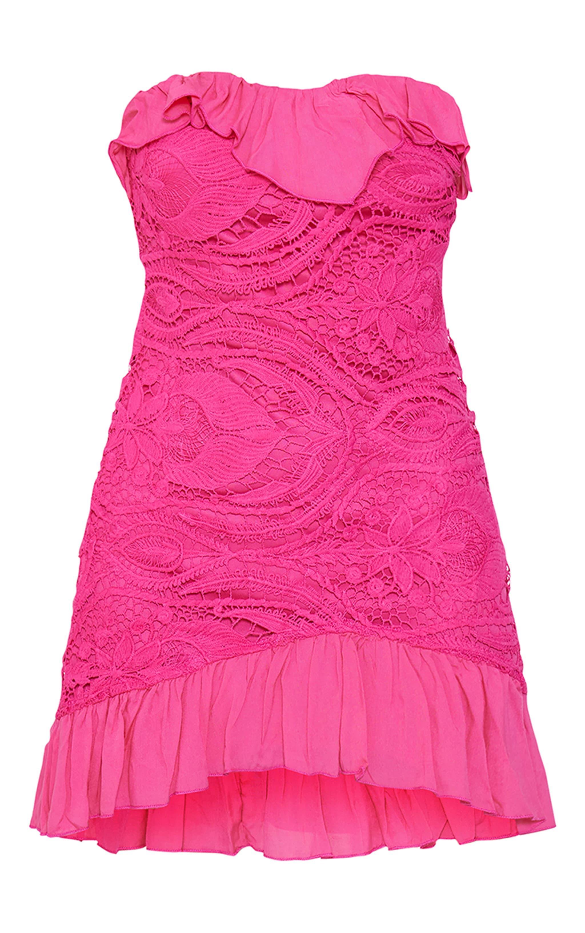 Fuchsia Bandeau Floral Lace Bodycon Dress Product Image