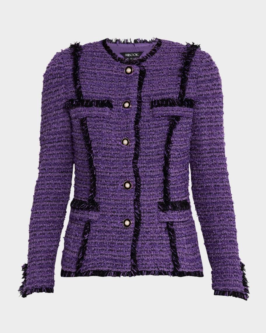 Fringe-Trim Tailored Tweed Knit Jacket Product Image