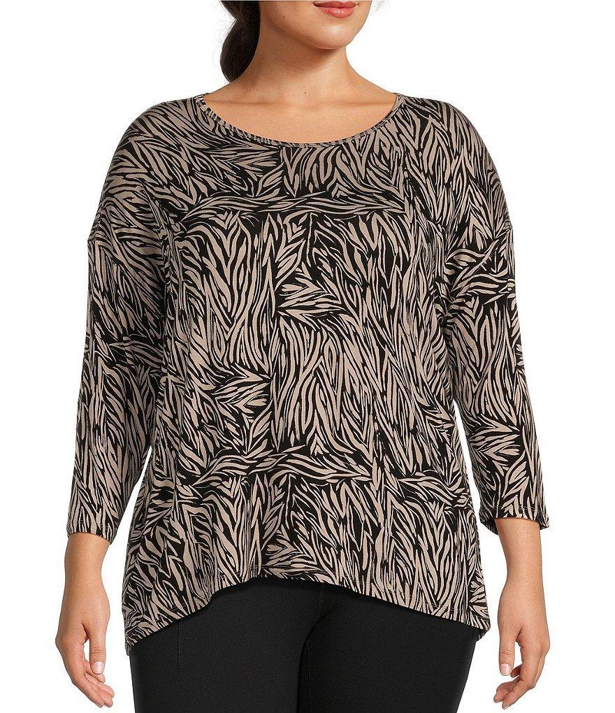 Kinesis Plus Size Knit Jersey Swirl Print 3/4 Sleeve Drop Shoulder High-Low Rounded Hem Perfect Tee Product Image