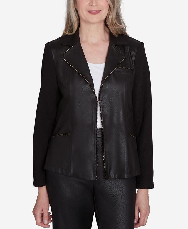 Womens Alfred Dunner Open Front Faux Leather Jacket with Knit Sleeves Product Image