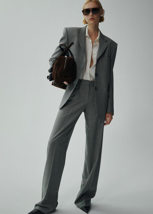 Wide leg tailored wool pants in grey Product Image