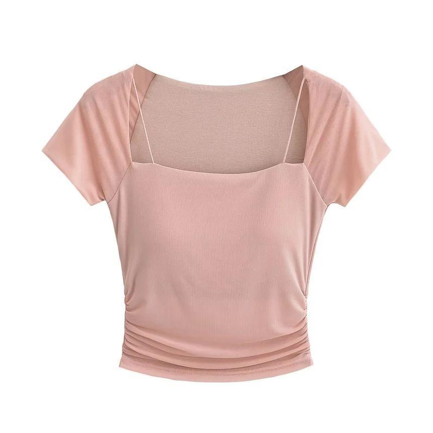 Short-Sleeve Square Neck Plain Ruched Panel Mesh Crop Top Product Image