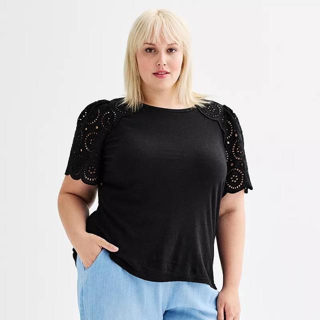 Plus Size Chelsea & Theodore Scoop Neck Short Eyelet Sleeve Top, Womens Product Image