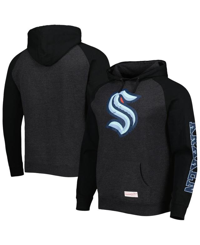 Mens Mitchell & Ness Heather Black Seattle Kraken Distressed Logo Raglan Pullover Hoodie Product Image