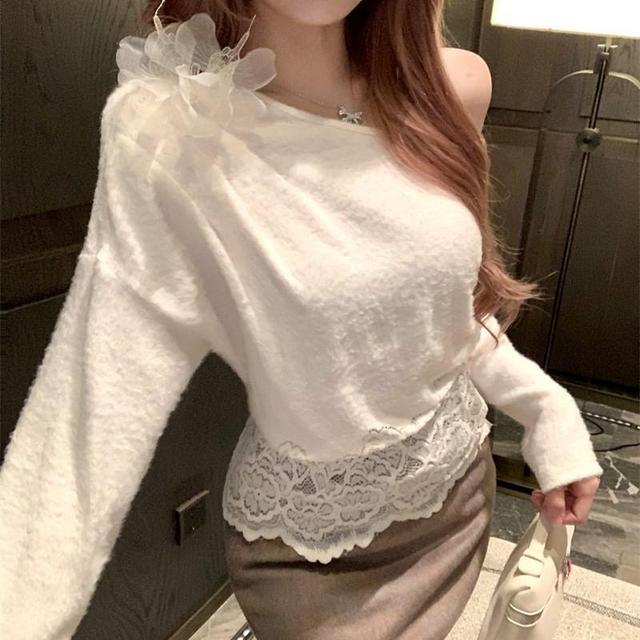 Long-Sleeve Off-Shoulder Plain Lace Panel Floral Accent Knit Top Product Image