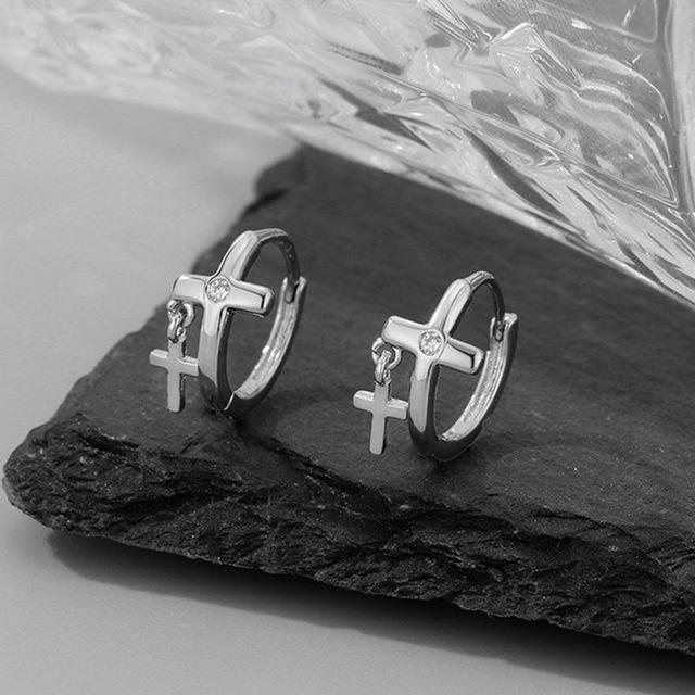 925 Sterling Silver Cross Huggie Earring Product Image