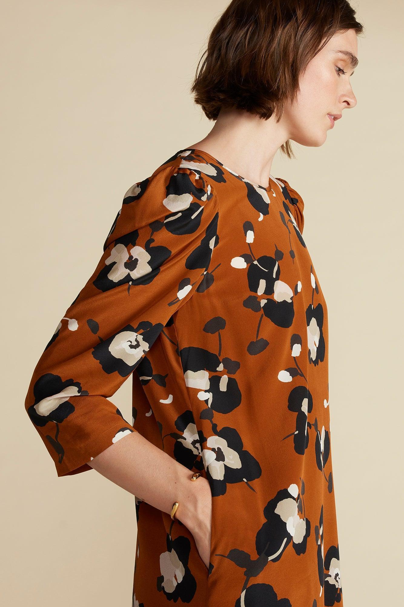 Darla Washable Silk Dress - Almond Brown Pensee Floral Print Product Image