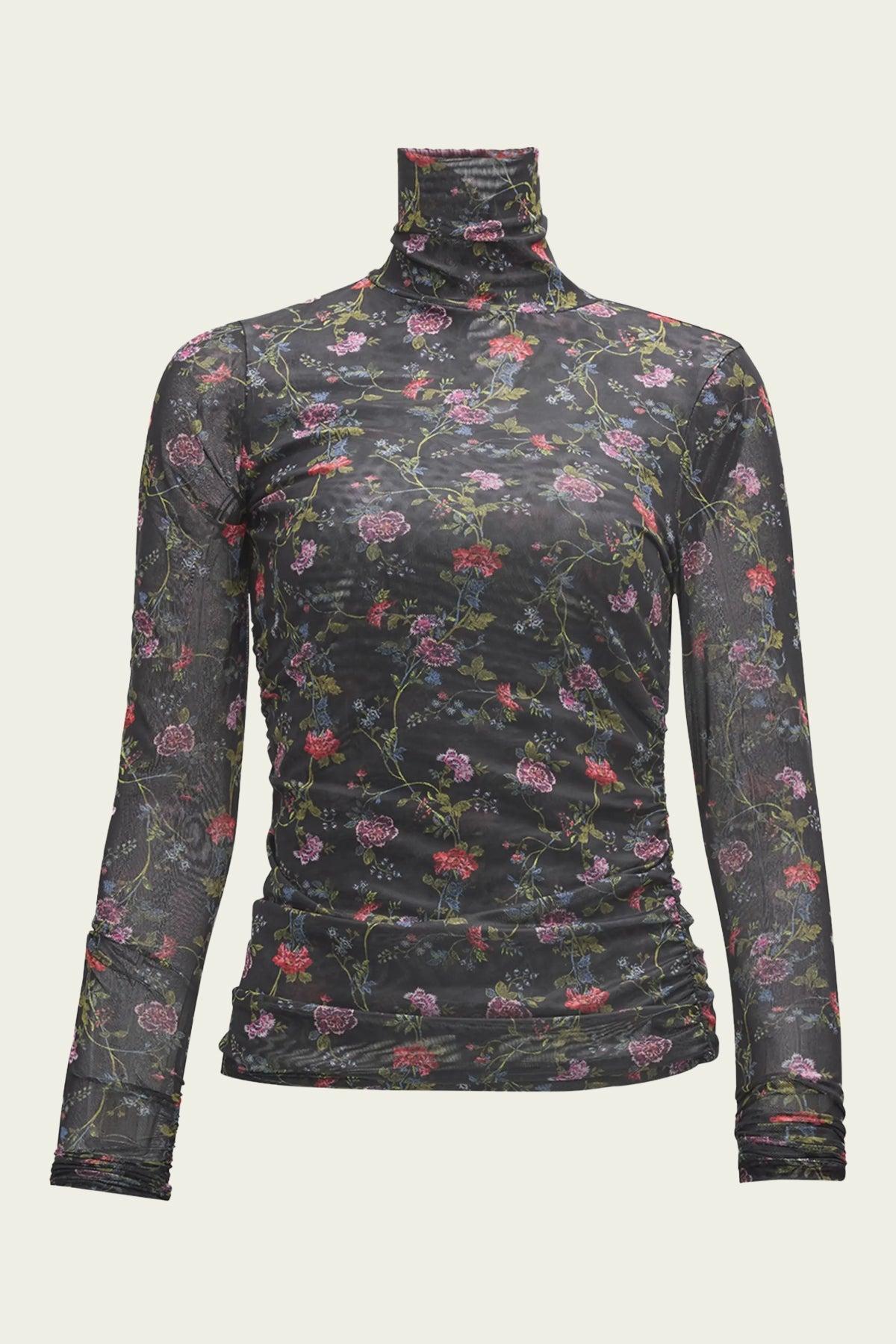 Hana Floral Shirred Mesh Turtleneck Top In Black Multi Product Image