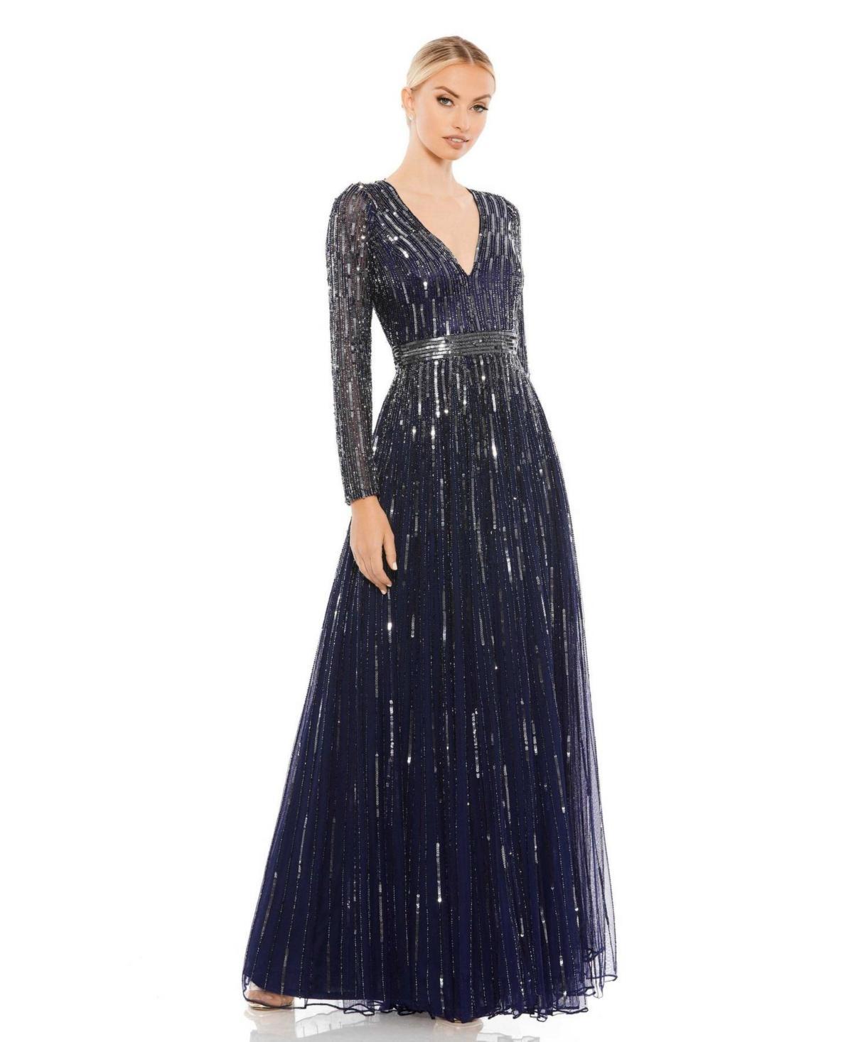 Mac Duggal Sequin & Bead Stripe Long Sleeve Mesh Gown Product Image