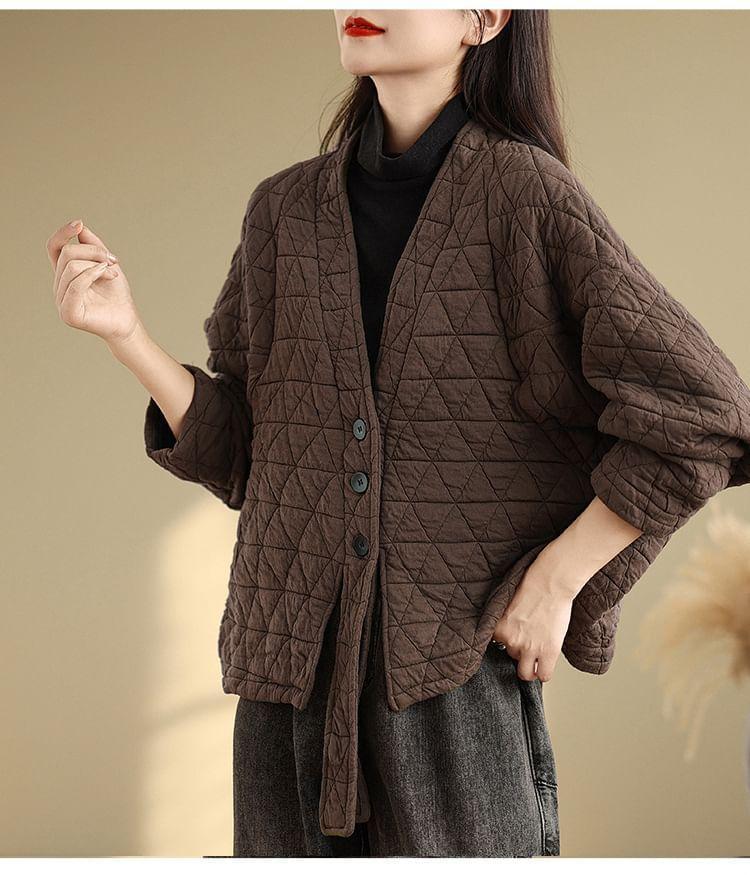 V-Neck Plain Quilted Kimono Jacket Product Image