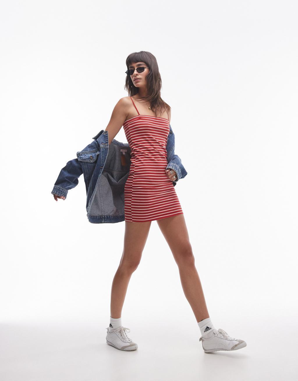 Topshop spaghetti strap mini dress in red stripe Product Image