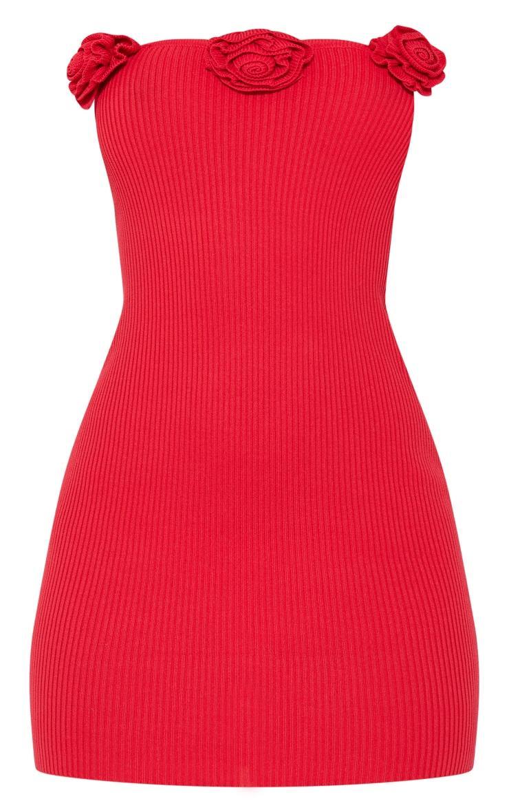 Red Corsage Detail Knit Bandeau Dress Product Image