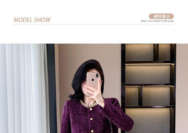 Set: Tweed Button-Up Crop Jacket + Mini Pencil Skirt Product Image