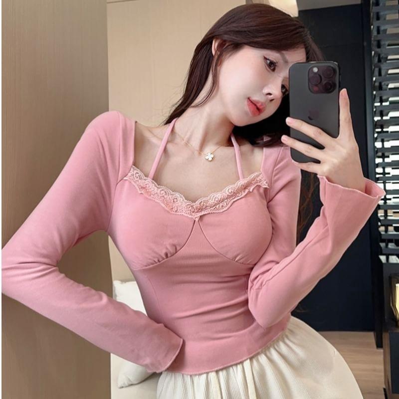 Long-Sleeve Halter Neck Lace Trim Plain Top Product Image