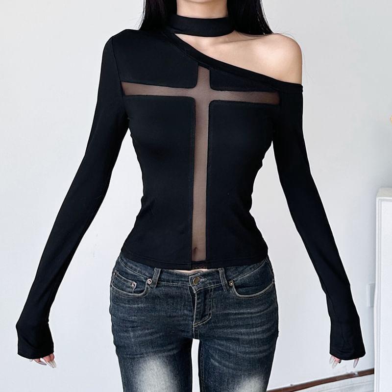 Long Sleeve Cold-Shoulder Mesh Panel Plain Slim-Fit Top Product Image