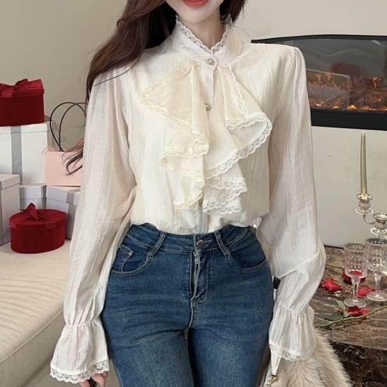 Long-Sleeve Ruffle Plain Blouse Product Image