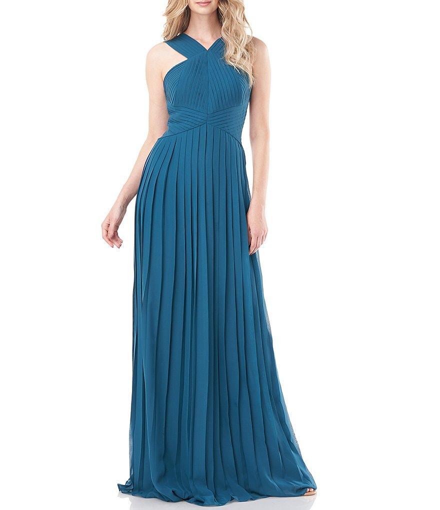 Kay Unger Pleated Halter Neck Square Back Sleeveless Halter Gown Product Image