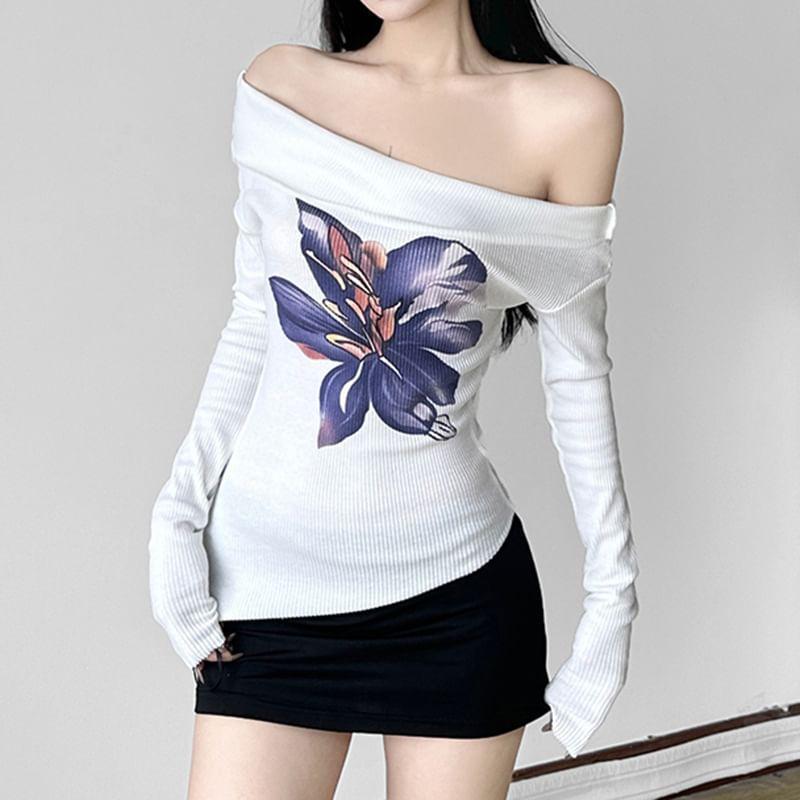 Long-Sleeve Off Shoulder Floral Print Top Product Image