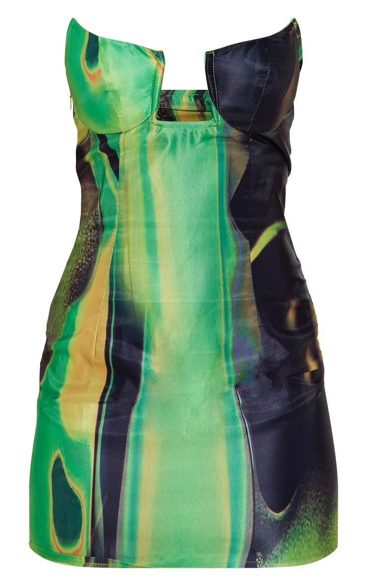 Green Smoke Print Satin V Bar Bandeau Bodycon Dress Product Image