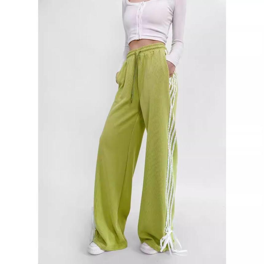 Drawstring Waist Bow Accent Striped Trim Wide Leg Sweatpants Product Image