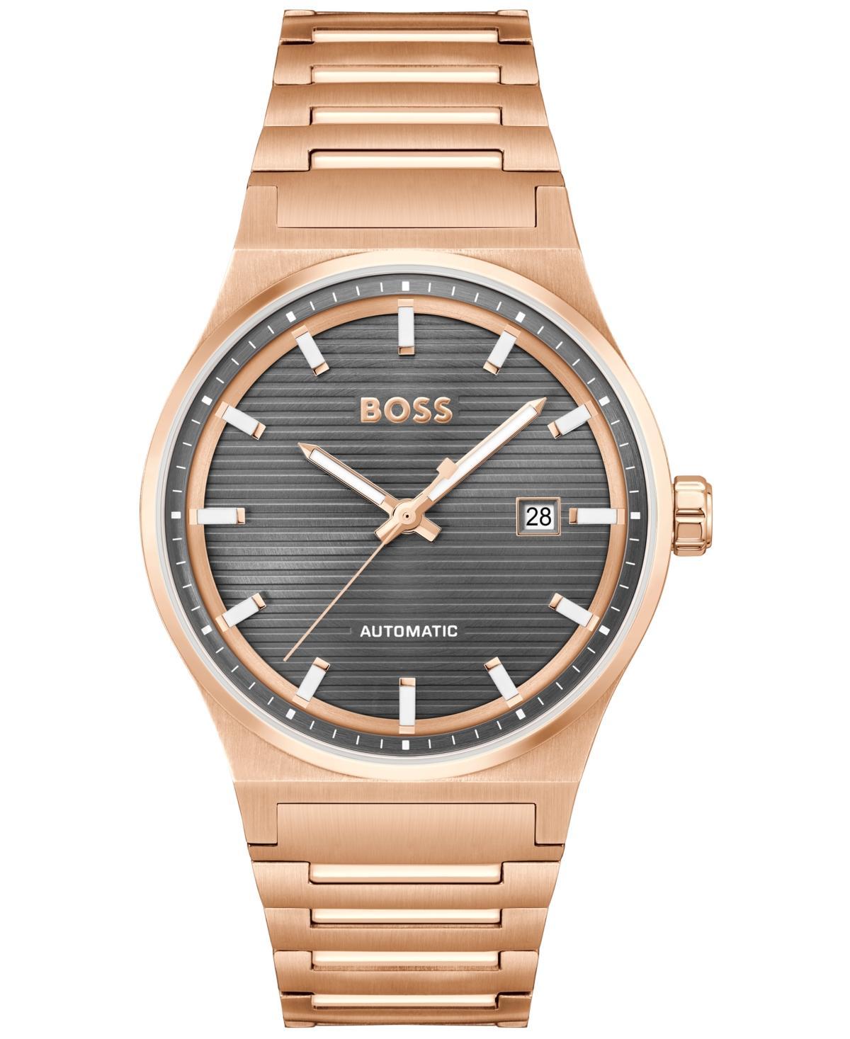 Hugo Boss Mens Candor Auto Mech-Automatic Ionic Plated Rose Gold Steel Watch 41mm - Rose-Gold Product Image