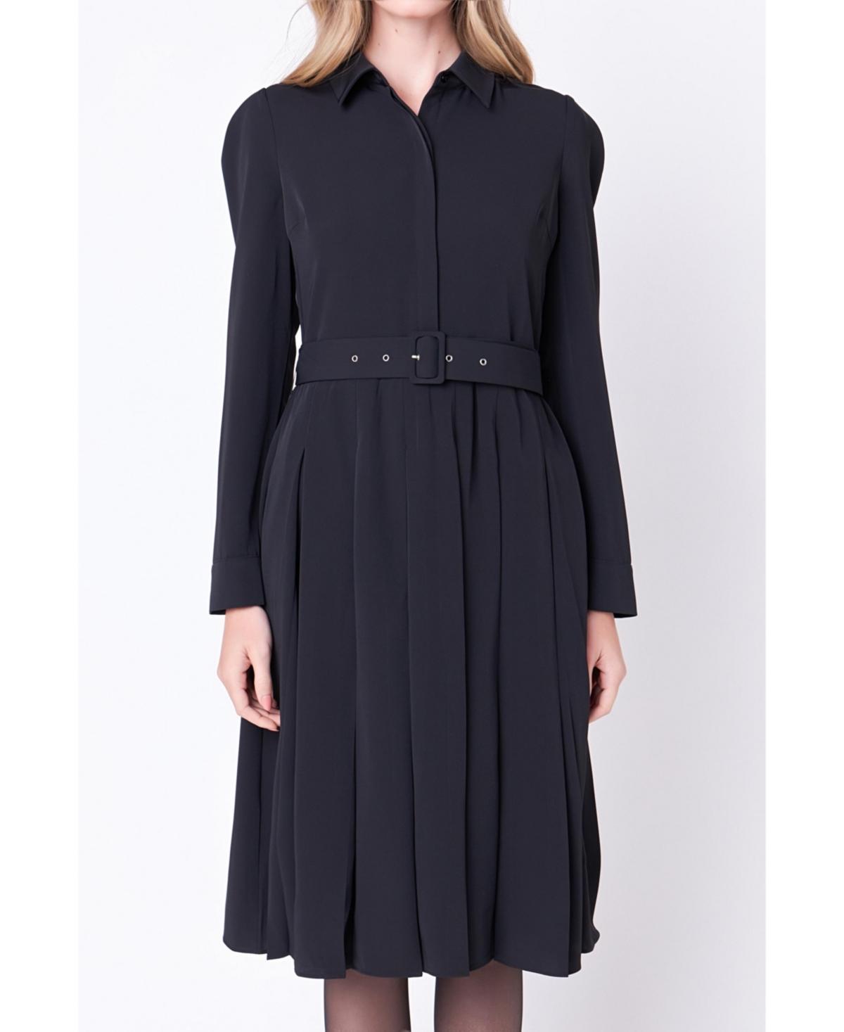 Womens Pleated Collared Long Sleeve Midi Dress Product Image