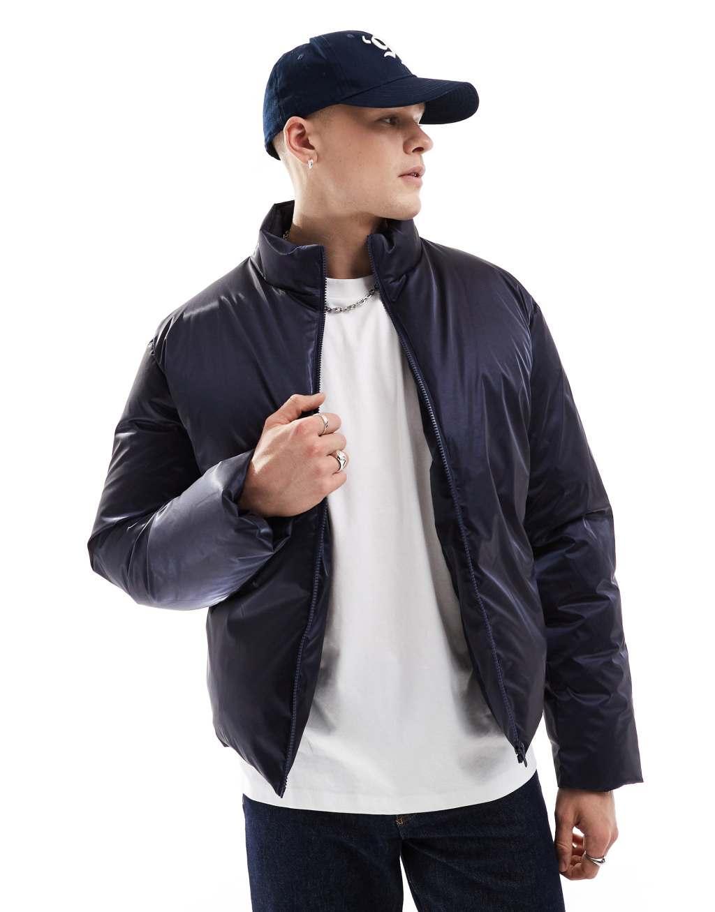 ASOS DESIGN oversized high shine puffer jacket in navy Product Image