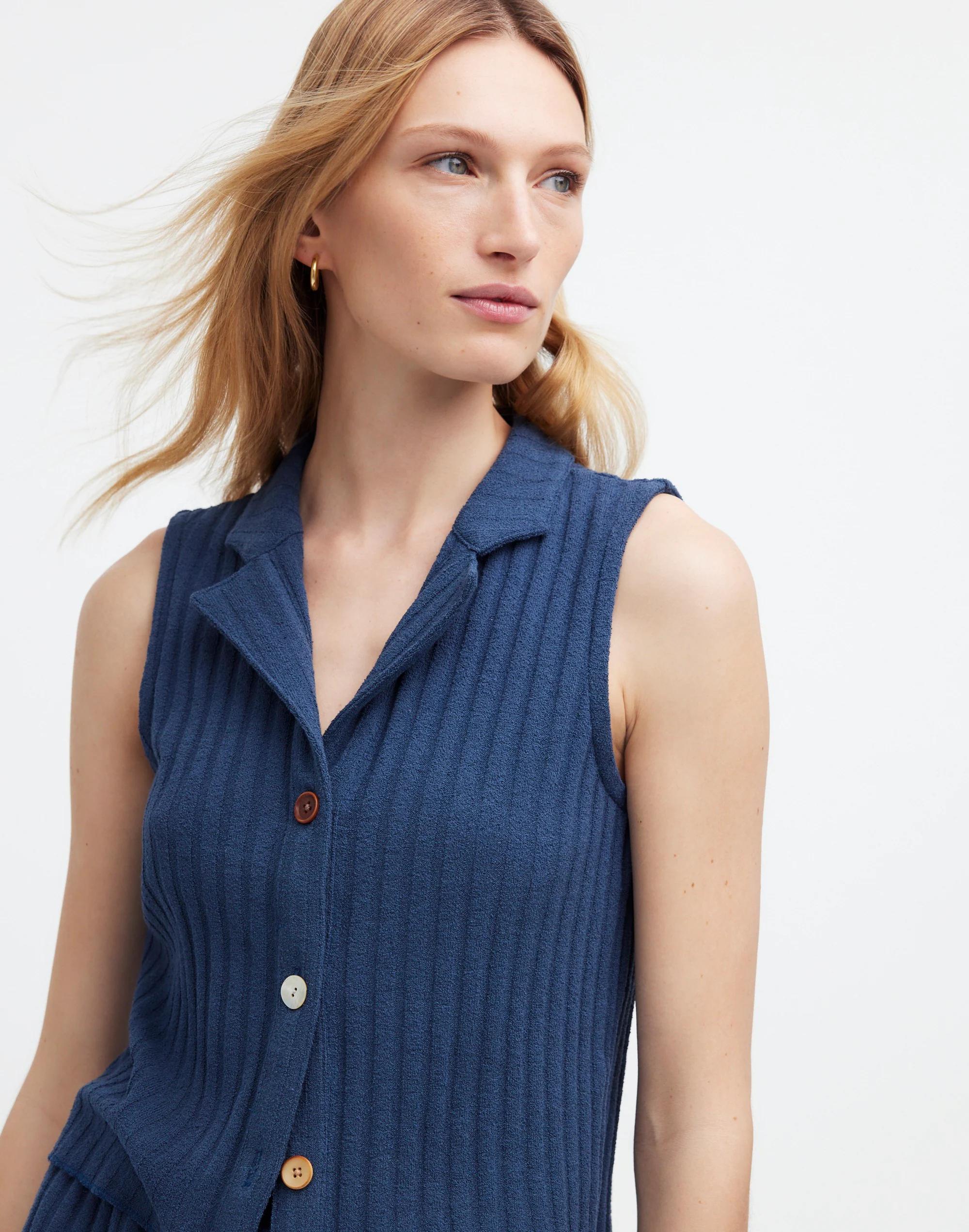 Mixed-Button Ribbed Polo Tank Product Image