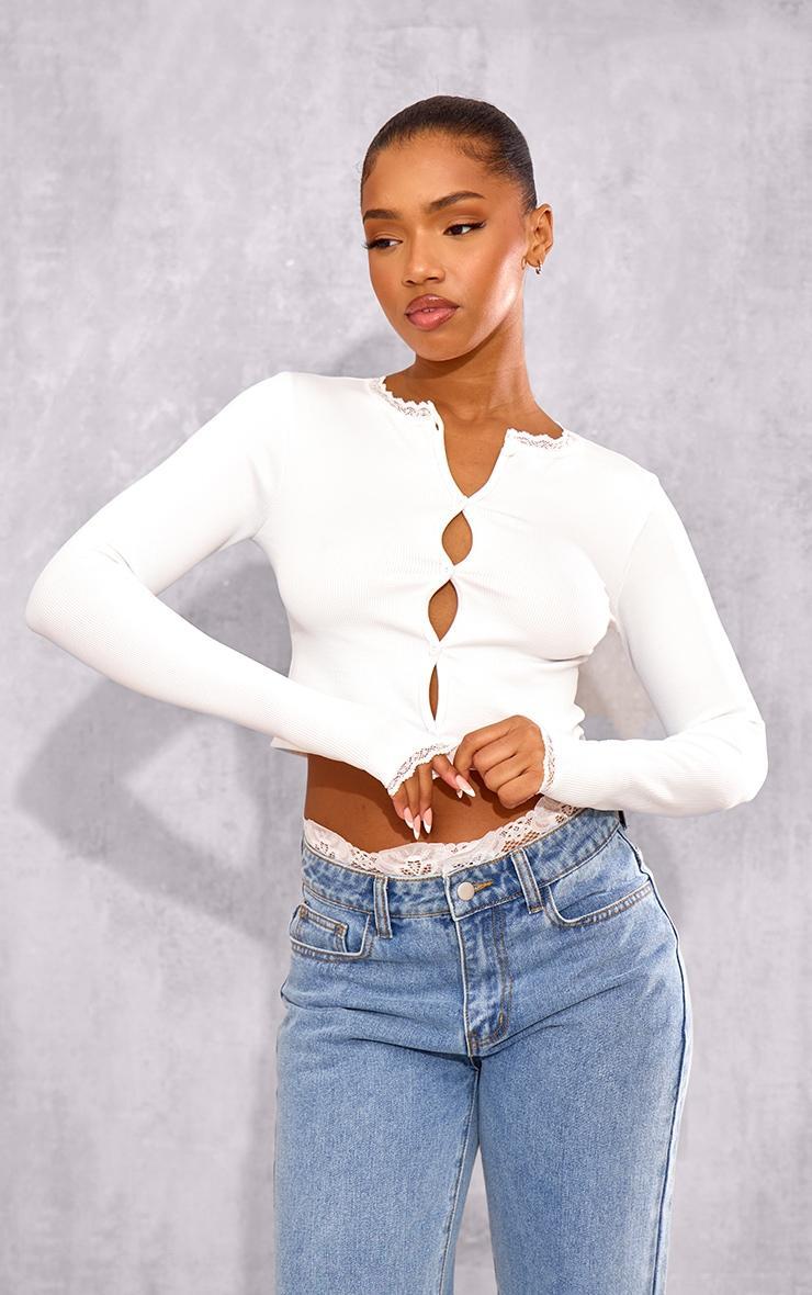 White Lace Trim Snatched Rib Button Up Long Sleeve Top product image