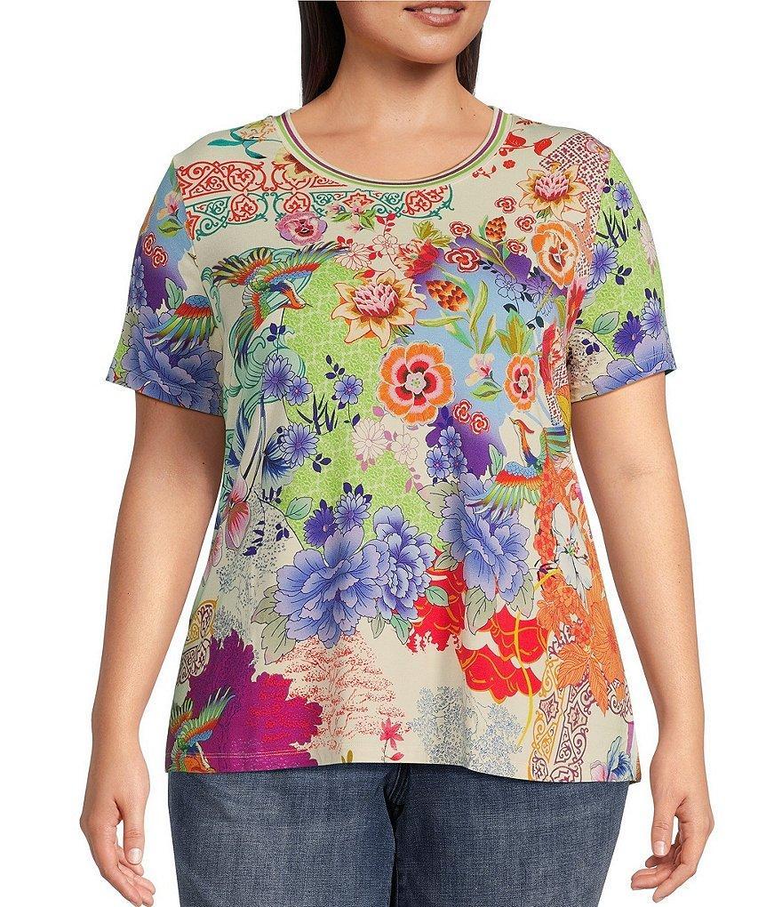 JOHNNY WAS Plus Size Janie Favorite Patchwork Print Knit Jersey Crew Neck Short Sleeve Tee Shirt product image