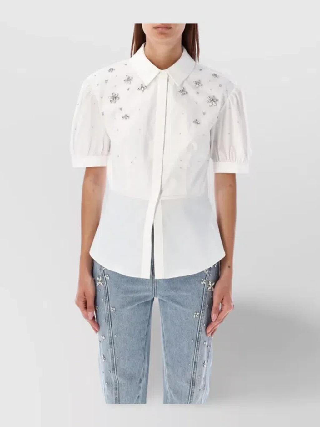 Collared Shirt With Embellished Puff Sleeves In White Product Image