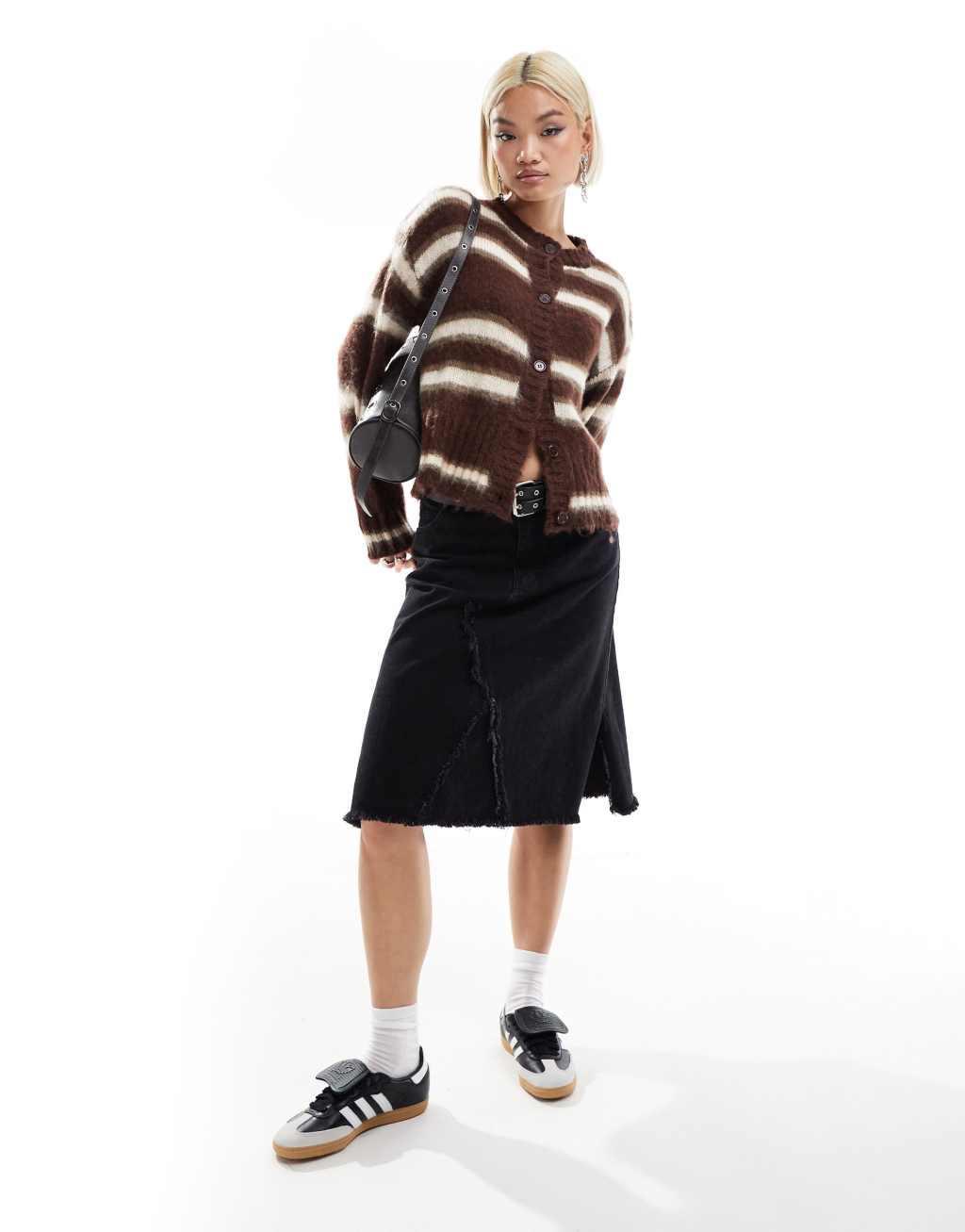 COLLUSION fluffy crew neck cardigan in brown stripe  Product Image