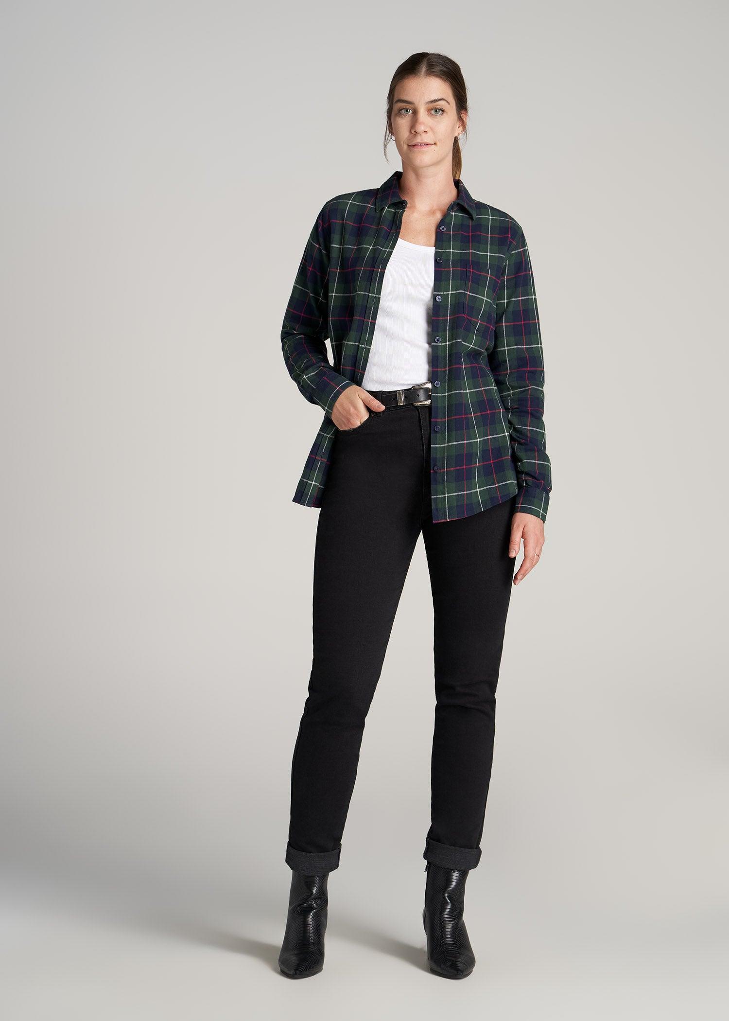 Flannel Button-Up Shirt for Tall Women in Green & Blue Plaid Female product image