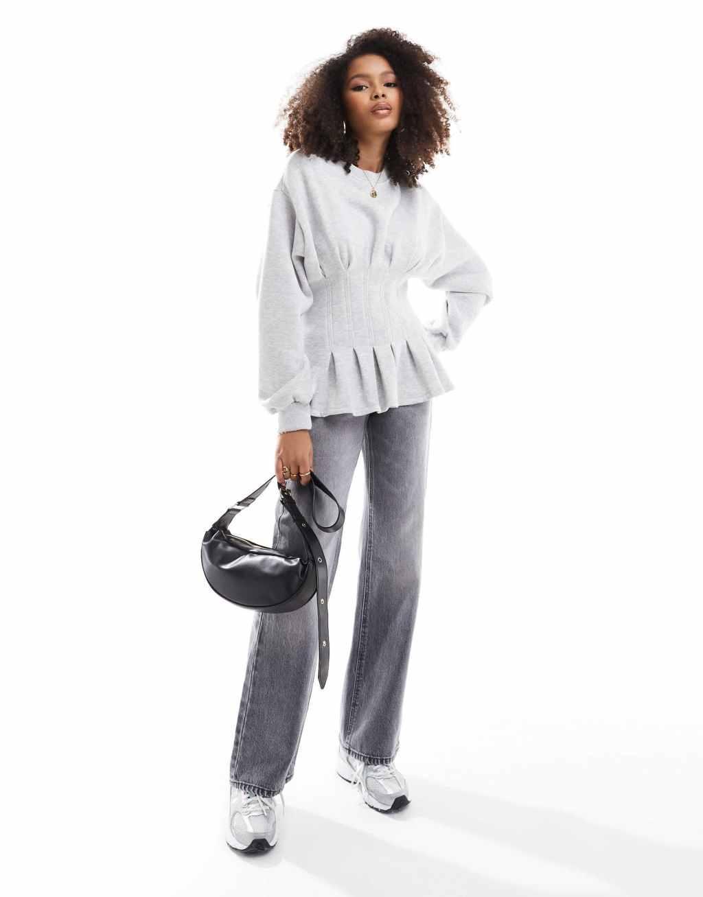 ASOS DESIGN pleated corset waist sweatshirt in gray heather Product Image