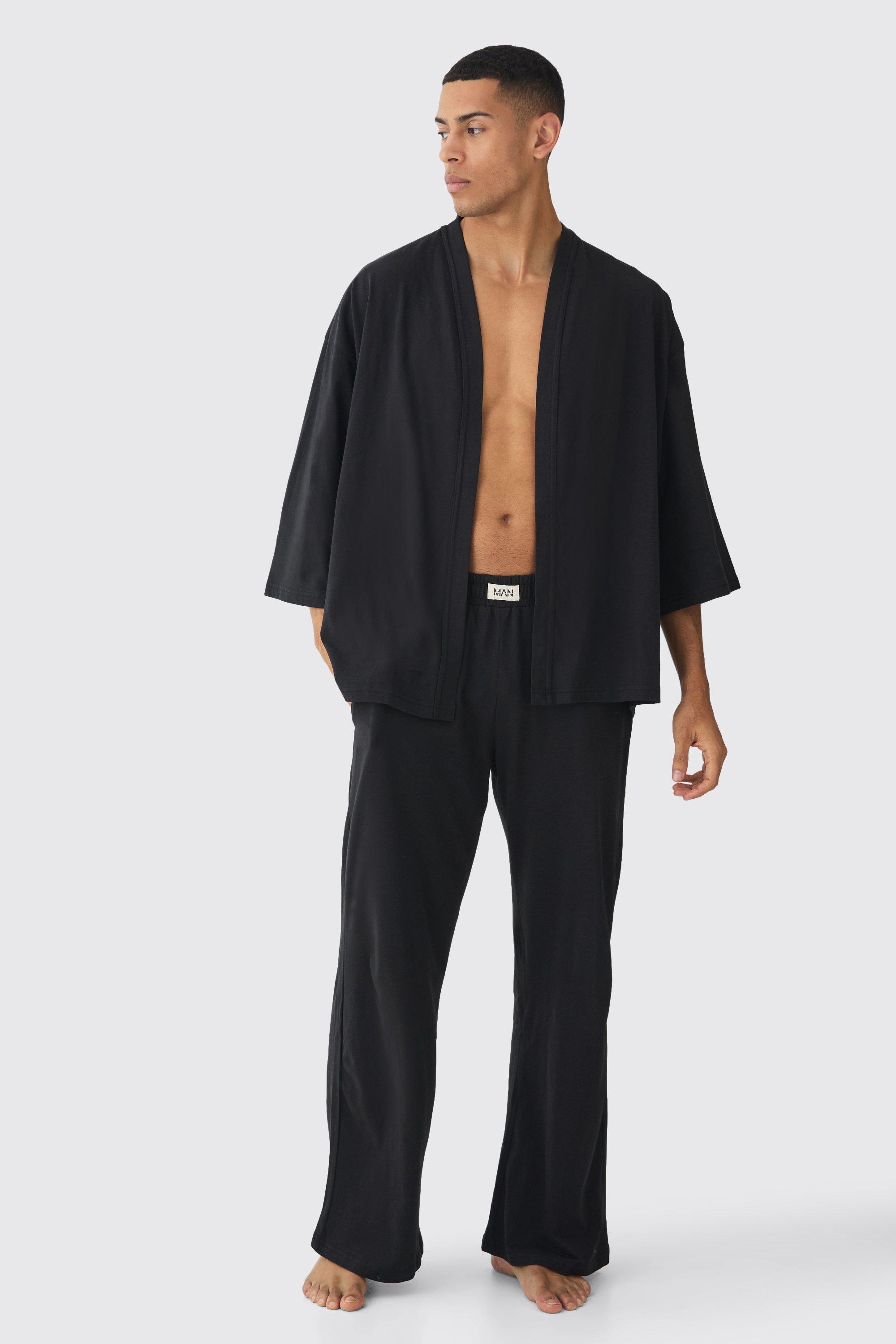 Mens Black Oversized Kimono & Wide Leg Bottoms Set, Black Product Image