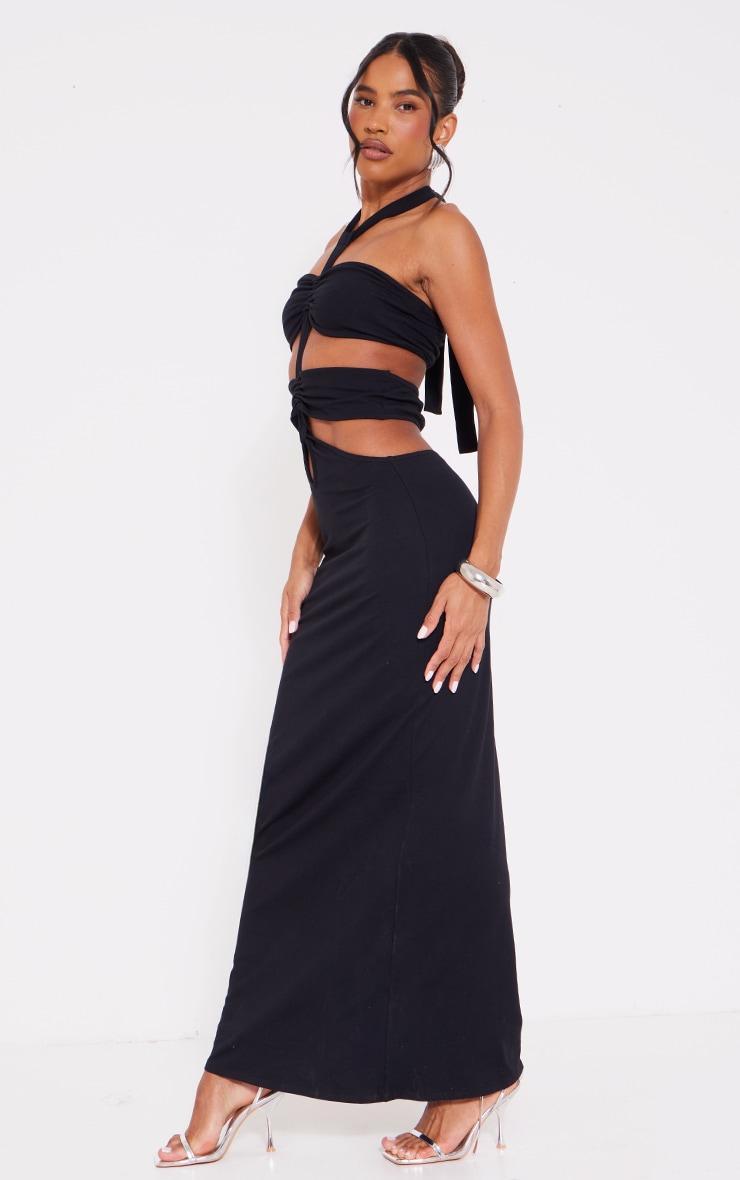 Black Jersey Halterneck Knot Front Cut Out Maxi Dress Product Image