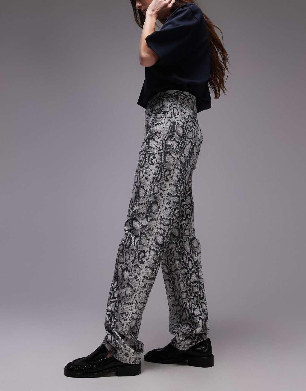 Topshop Kort straight leg high waist jeans in snake print Product Image