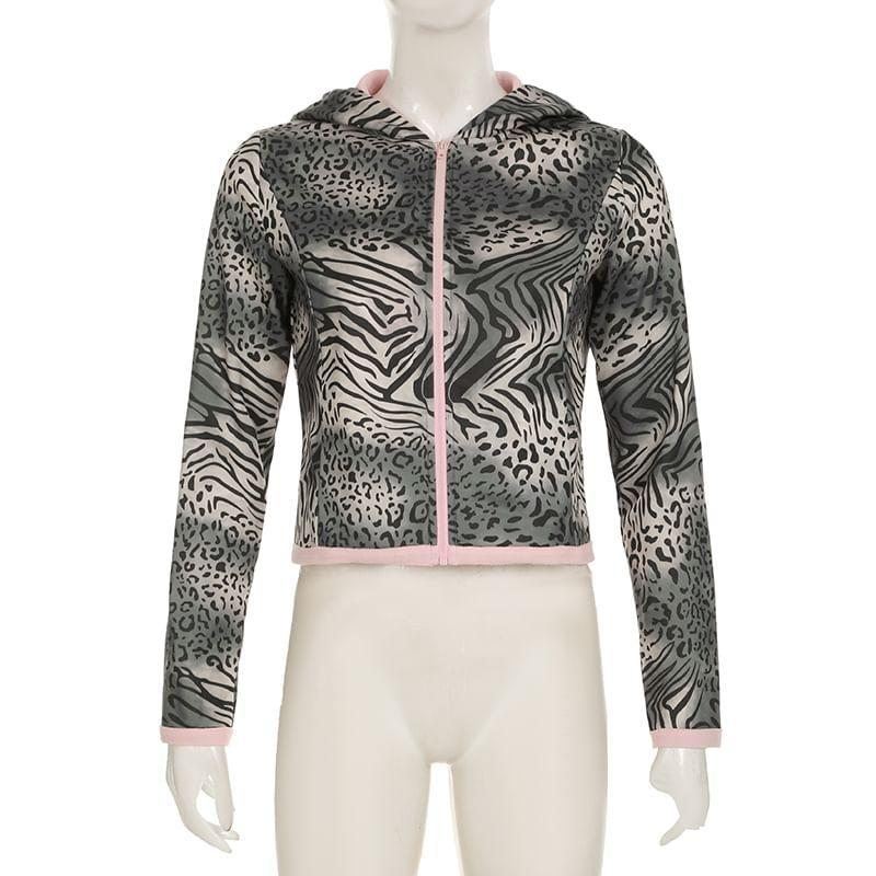 Animal Print Crop Zip Hoodie Product Image