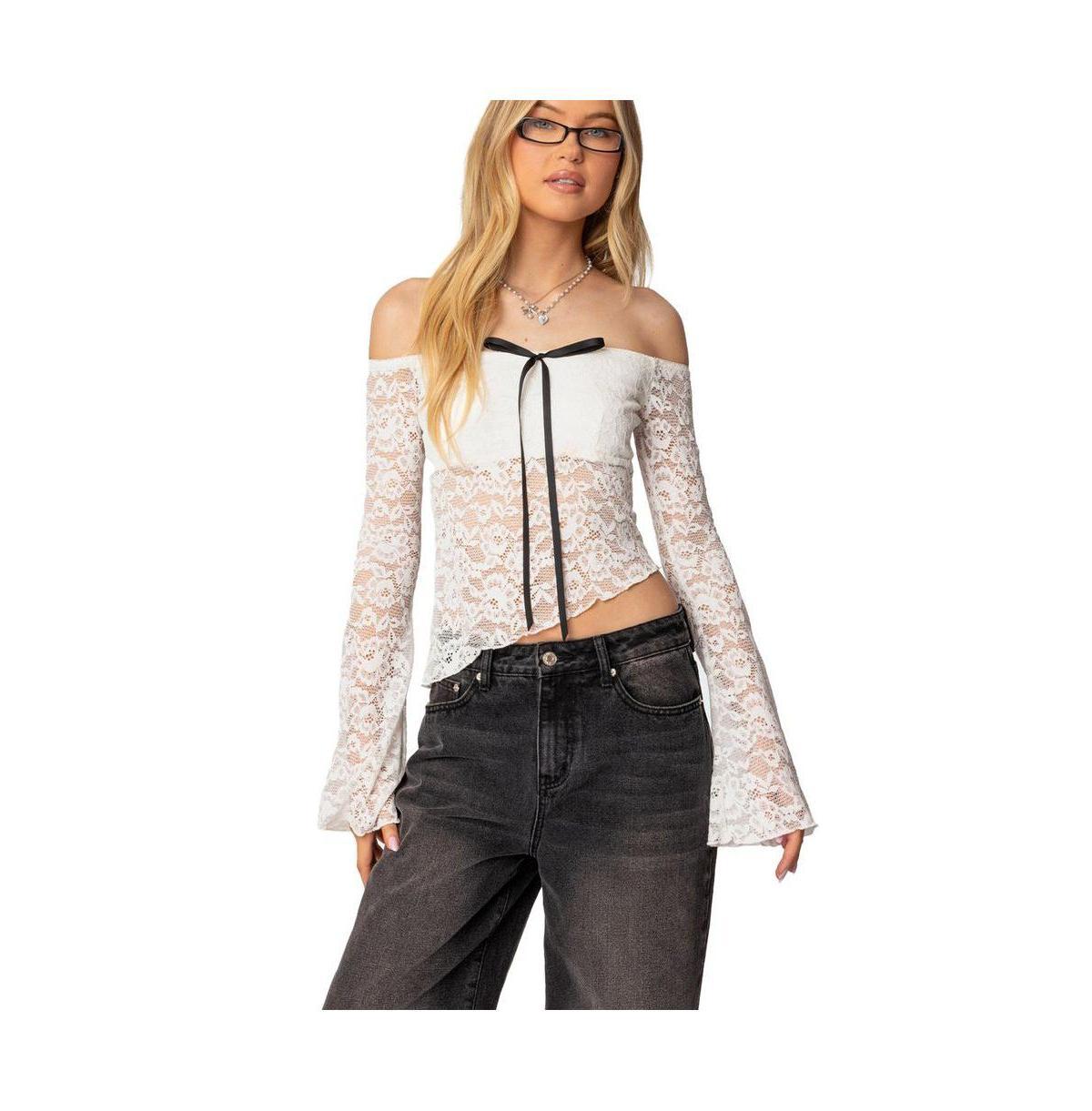 Edikted Womens Asymmetric Sheer Lace Off Shoulder Top product image