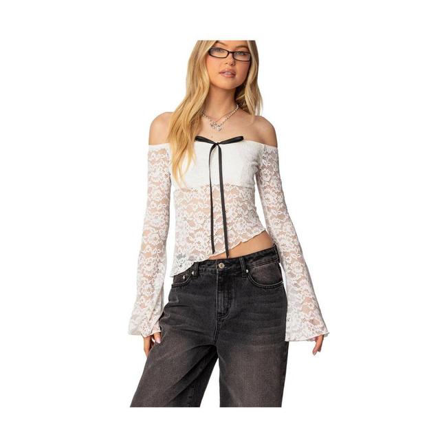 Edikted Womens Asymmetric Sheer Lace Off Shoulder Top Product Image