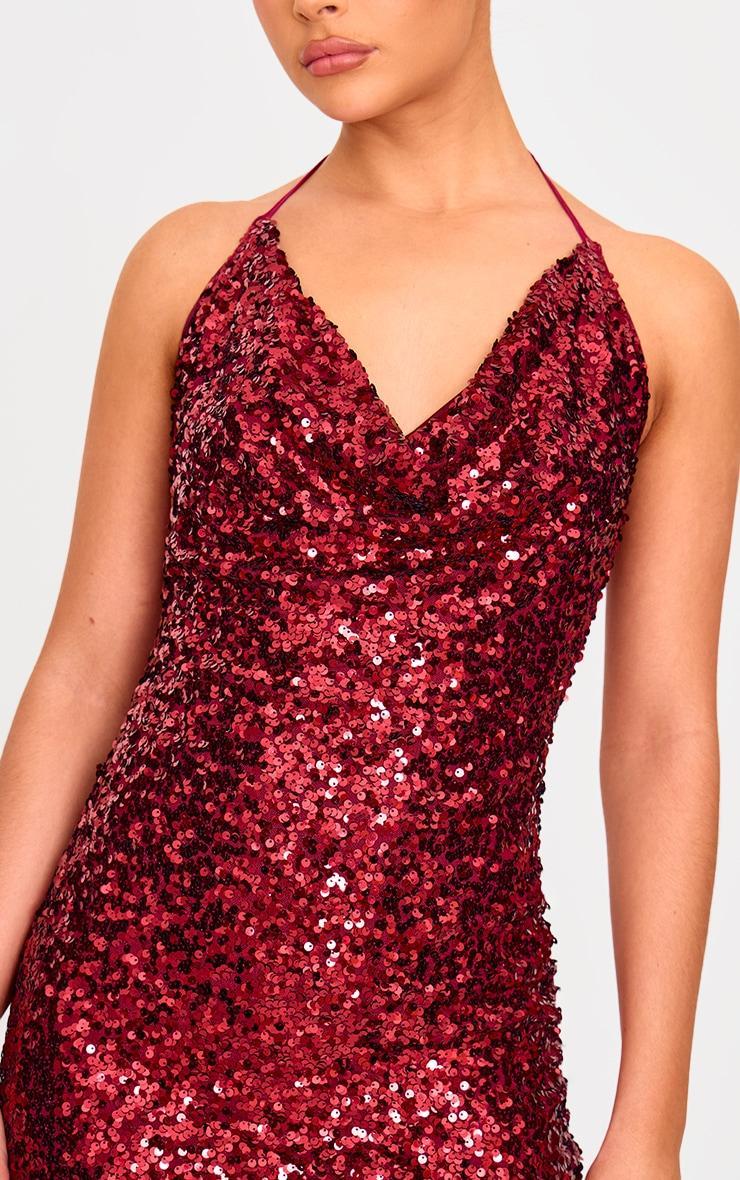 Burgundy Sequin Tie Cowl Halter Neck Bodycon Dress Product Image